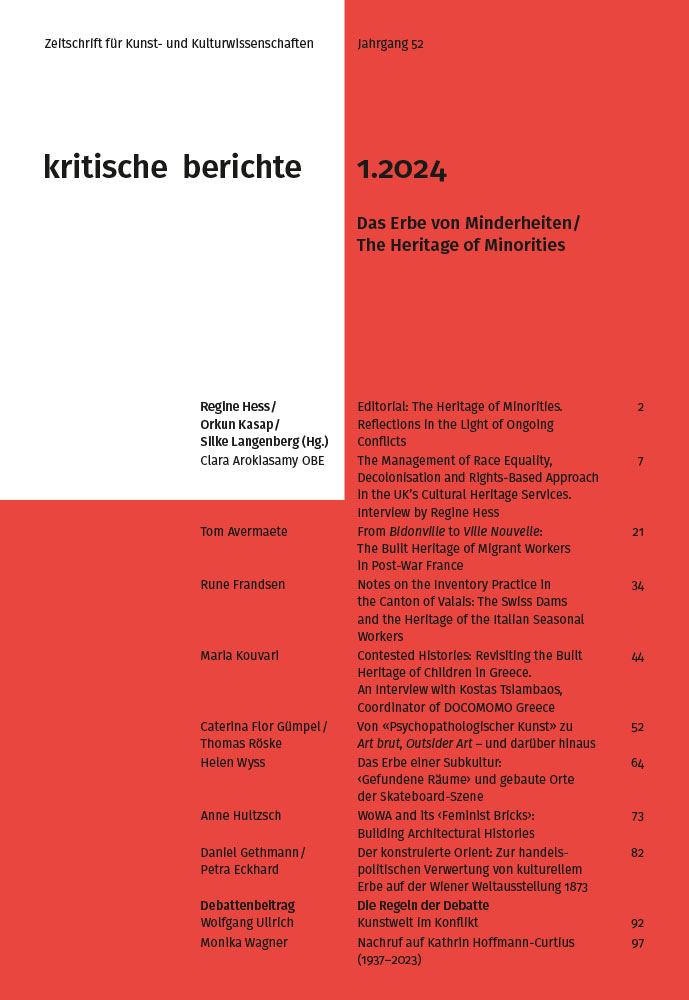 Das Erbe von Minderheiten / The Heritage of Minorities, ed. by Regine Hess, Orkun Kasap, Silke Langenberg kritische berichte. Journal for Art History and Cultural Studies, 1/2024